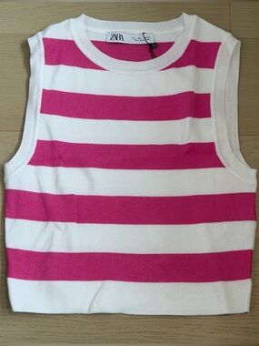 ZARA White and Hot Pink Striped Knit Tank